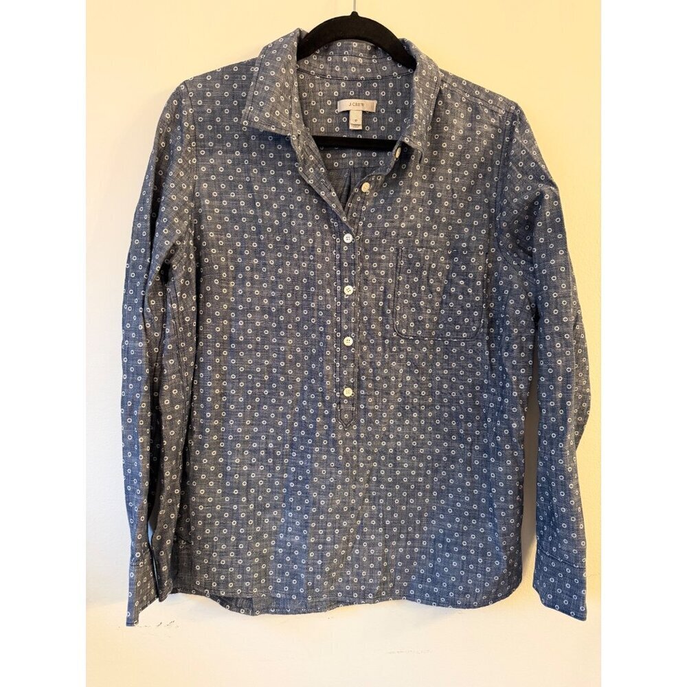 J.Crew Womens Blue Polka Dot Long-Sleeve Button-Up Shirt Size 12 100% Cotton